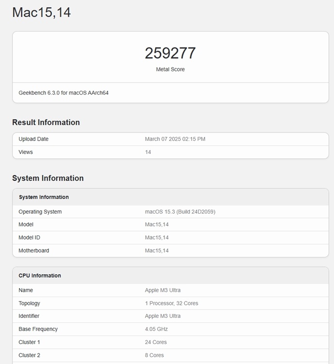 Apple M3 Ultra Geekbench Metal GPU Score