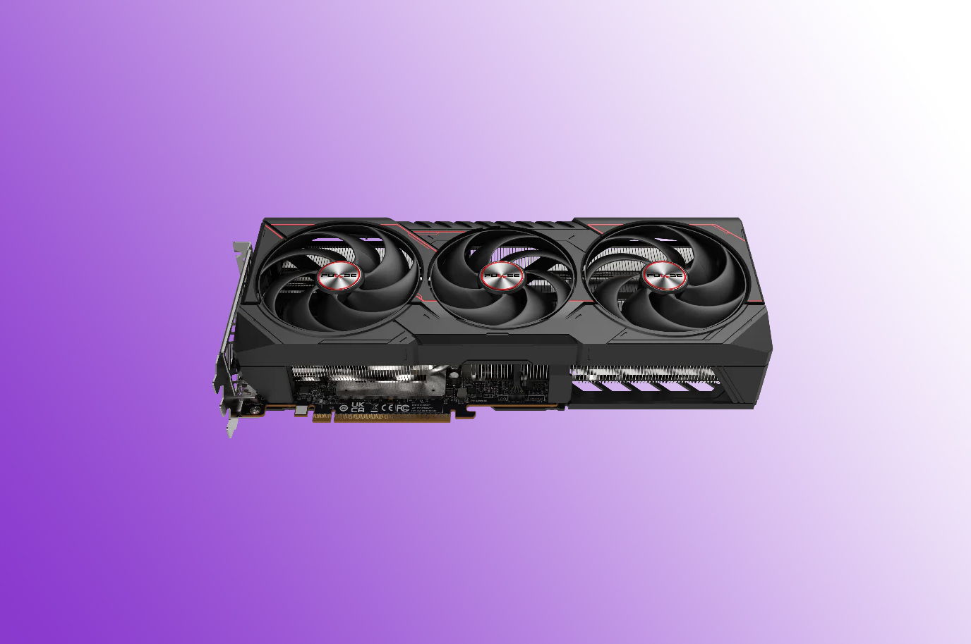 Sapphire Pulse RX 9070 XT-Grafikkarte auf einem lila Hintergrund