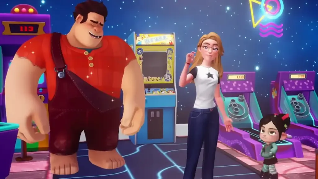 Spieler steht mit Ralph und Vanellope in Disney Dreamlight Valley
