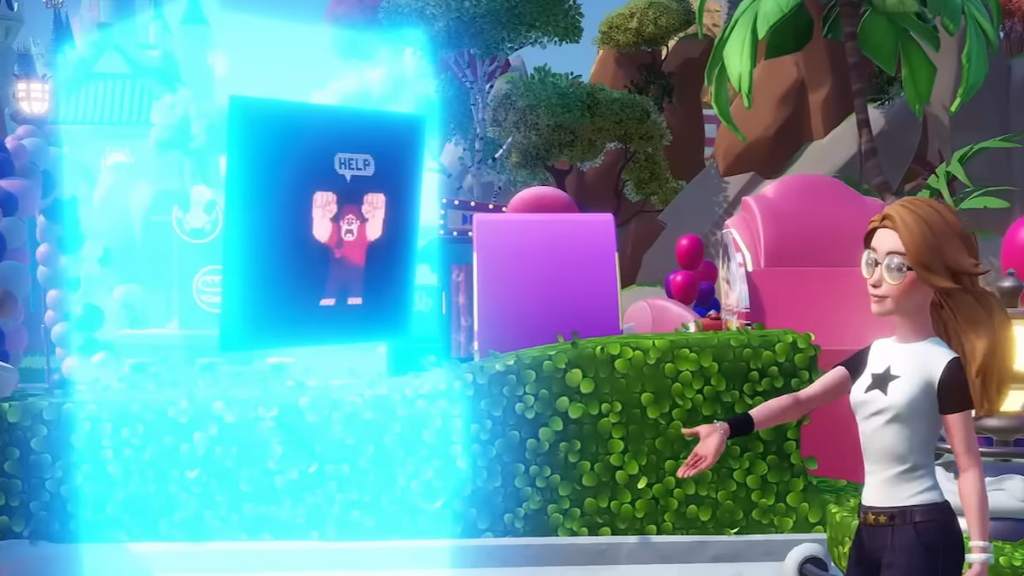 Spieler interagiert mit einer Geisterspielmaschine mit Ralph darin in Disney Dreamlight Valley